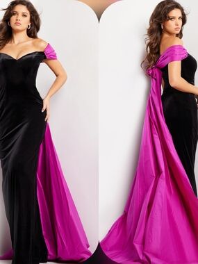 Jovani Black Velvet One-Shoulder Gown with Fuchsia Train